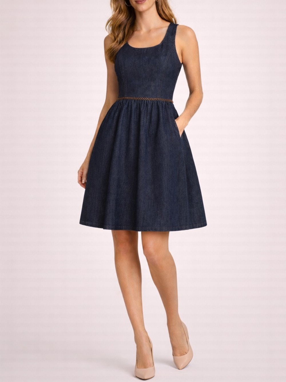 Lotus Grace Dark Denim Fit & Flare Dress Size 6 Cotton Pleated